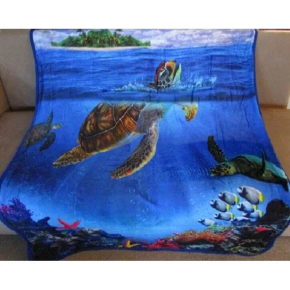 New Honu Sea Turtle Plush Fleece Throw Gift Blanket Sherpa Coral Reef Turtles - Picture 2 of 6